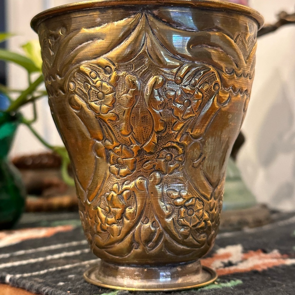 Vintage Ornate Brass Embossed Decorative Cup / Vase/ Planter